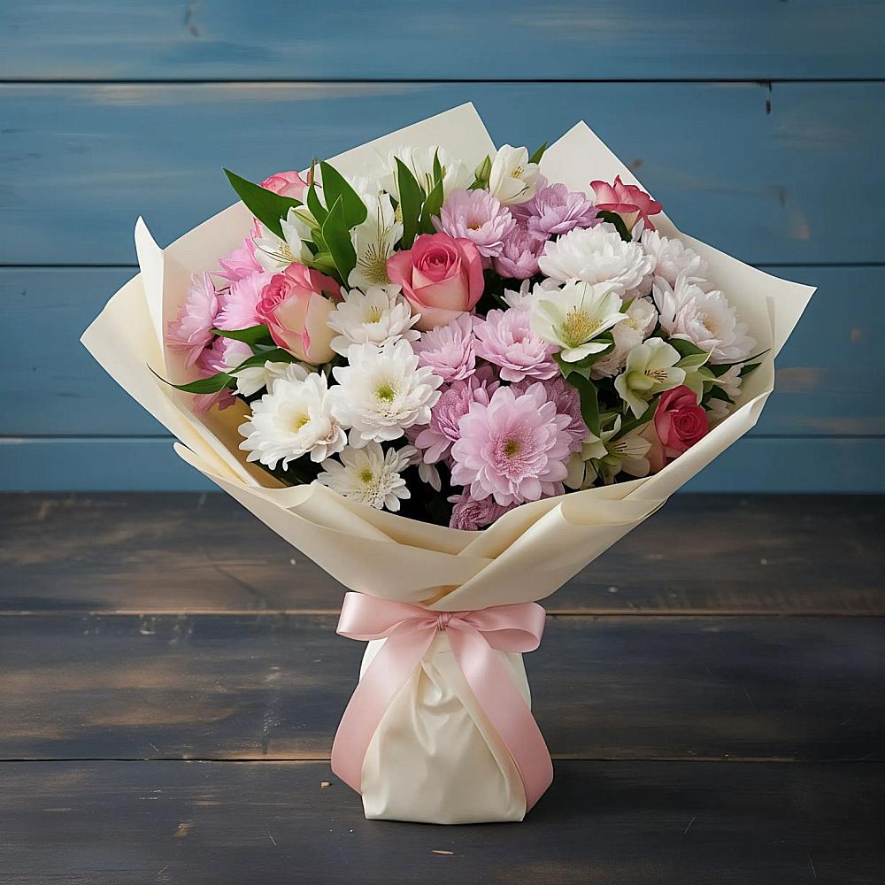 Букет цветов из: Хризантемы, Альстромерии и Розы в Светлом Яре